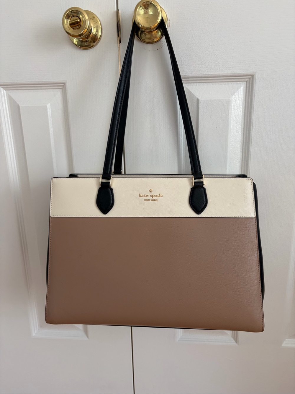 kate spade Colorblock Saffiano Tote in Taupe, Cream & Black